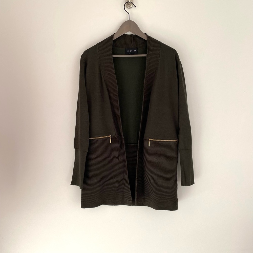 Long Line Open Front Knit Cardigan in Olive Green